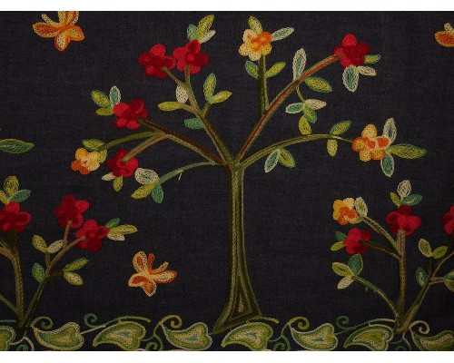 Embroidered Border Denim Fabric - Trees on Indigo