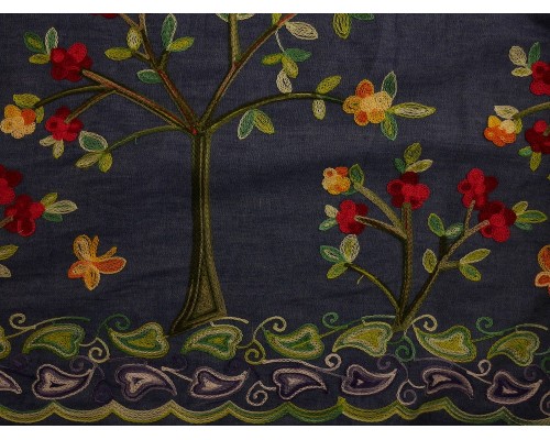 Embroidered Border Denim Fabric - Trees on Blue