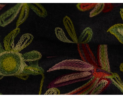 Embroidered Border Denim Fabric - Multi Floral on Indigo