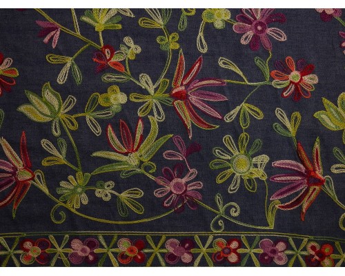 Embroidered Border Denim Fabric - Multi Floral on Blue