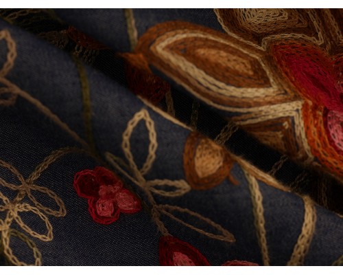 Embroidered Border Denim Fabric - Autumn Floral on Blue