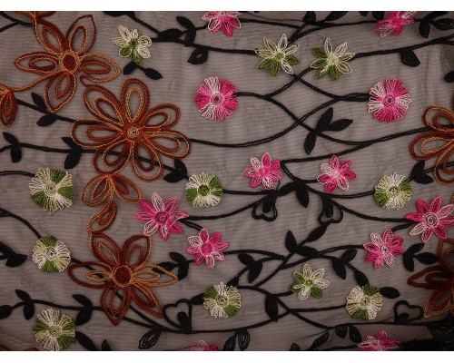 Embroidered Polyester Border Fabric - Delicate Floral on Sheer Black