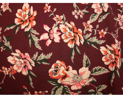 Panama Viscose Fabric - Burgundy Flower Party