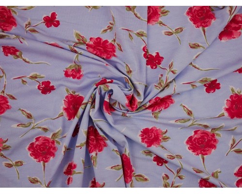 Printed Viscose Jersey Fabric - Red Flowers on Blue