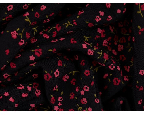 Printed Viscose Jersey Fabric - Pink Flowers on Navy