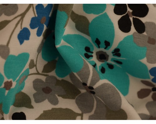 Single Jersey Printed Fabric - Turquoise and Grey Flowers
